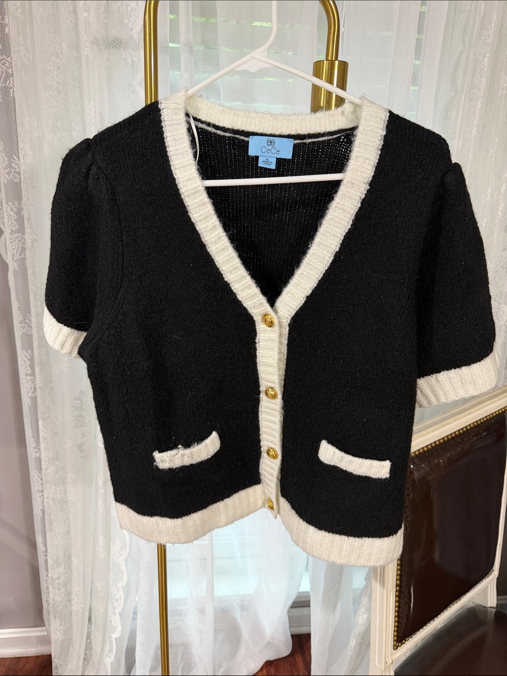 CeCe Black and Cream Short-Sleeve Knit Cardigan with Gold Buttons